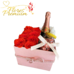 ARREGLO DE 8 ROSAS,  CHAMPAGNE 375ML Y FRUTOS SECOS