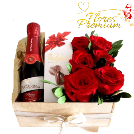 ARREGLO DE 6 ROSAS, BELGIAN Y CHAMPAGNE 375ML