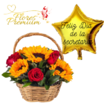 CANASTA DE 4 GIRASOLES Y 4  ROSAS + GLOBO