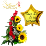 ARREGLO DE 7 ROSAS Y 3 GIRASOLES + GLOBO
