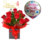 CAJA CUADRADA CON 12 ROSAS + GLOBO