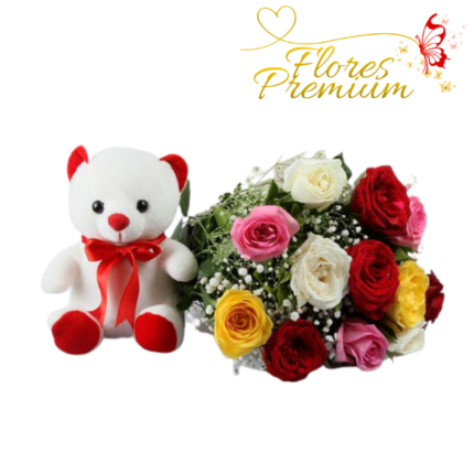 RAMO DE 12 ROSAS Y PELUCHE DE 25 CM