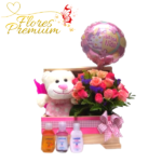 ARREGLO FLORAL CON PELUCHE Y 3 PRODUCTOS