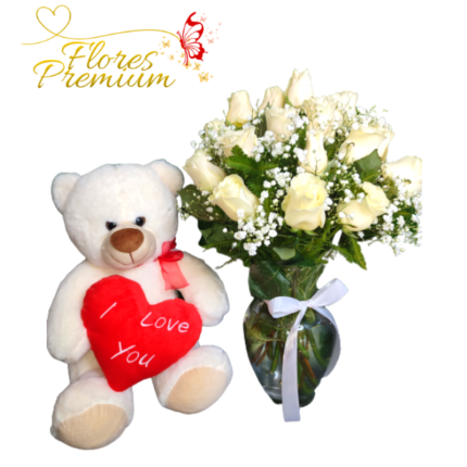 FLORERO DE 18 ROSAS Y PELUCHE DE 25 CM
