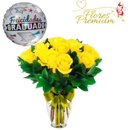 FLORERO DE 15 ROSAS Y GLOBO