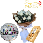 RAMO MEDIANO DE 12 ROSAS FERREROS 100GRS Y GLOBO