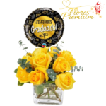 CUBO DE 10 ROSAS Y GLOBO GRANDE