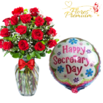 FLORERO DE 16 ROSAS FOLLAJE E ILUMINACION+ GLOBO