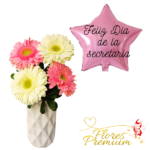 BASE DE CERAMICA CON GERBERAS + GLOBO DIA DE LA SECRETARIA
