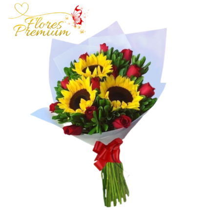 RAMO DE  12 ROSAS Y 3 GIRASOLES