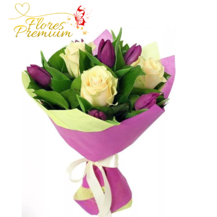 RAMO DE 3 ROSAS Y 5 TULIPANES