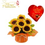 ARREGLO DE 6 GIRASOLES Y CAJA DE BOMBONES CORAZON