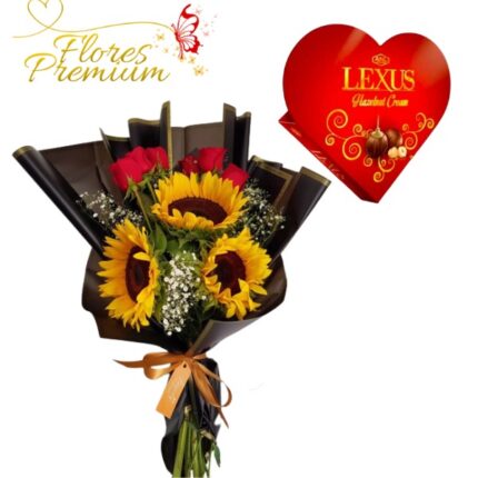 RAMO 6 ROSAS, 3 GIRASOLES Y BOMBONES CORAZON