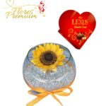 GIRASOL PRESERVADO EN PECERA Y BOMBONES CORAZON