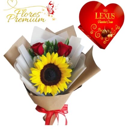 RAMO 2 ROSAS, 1 GIRASOL Y BOMBONES CORAZON