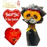 RAMO 3 ROSAS, 2 GIRASOLES, BOMBONES CORAZON Y GLOBO