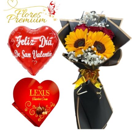 RAMO 3 ROSAS, 2 GIRASOLES, BOMBONES CORAZON Y GLOBO