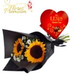 RAMO 2 GIRASOLES Y BOMBONES CORAZON