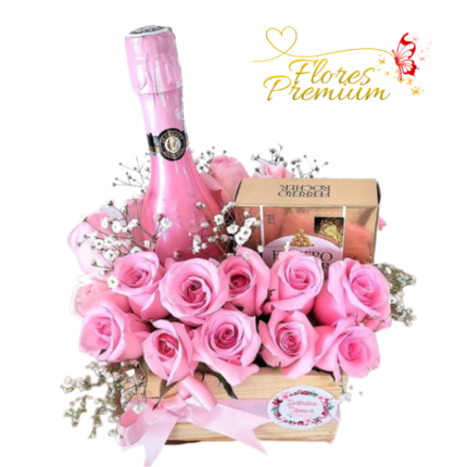 ARREGLO DE ROSAS CHAMPGNE Y BOMBONES FERRERO ROCHER