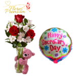 FLORERO DE 3 ROSAS Y PELUCHE 20CM DIA DE LA SECRETARIA