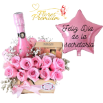 ARREGLO DE ROSAS CHAMPGNE, BOMBONES FERRERO ROCHER + GLOBO