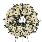 CORONA  DE GERBERAS ROSAS Y FOLLAJE CON ATRIL