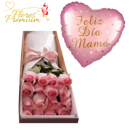 CAJA DE 16 ROSAS + GLOBO