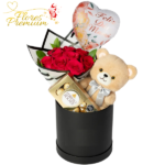 BOX PARA LA MEJOR 8 ROSAS + PELUCHE 20 CM + FERREROS 100G