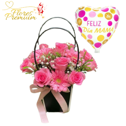 CARTERA DE 8 ROSAS, 4 GERBERAS, FOLLAJE Y GLOBO