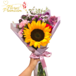 RAMO DE 1 GIRASOL, FOLLAJE Y LINDA ENVOLTURA