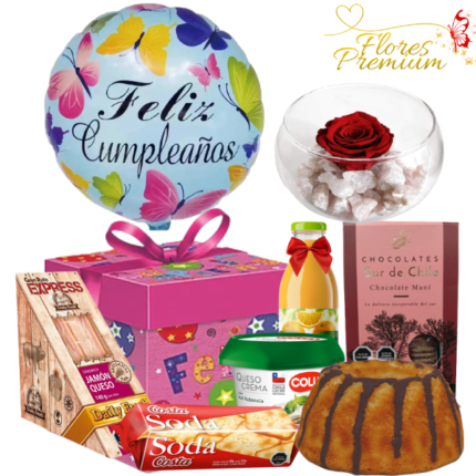 DESAYUNO CAJA SORPRESA Y ROSA PRESERVADA