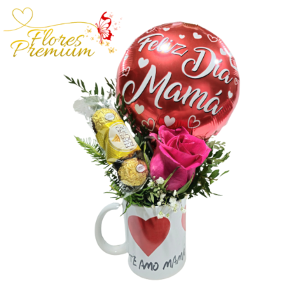 TAZA ESPECIAL 1 ROSA, BOMBONES FERREROS ROCHER 3 UNID Y GLOBO