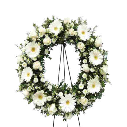 CORONA  DE GERBERAS Y ROSAS CON ATRIL