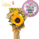 RAMO DE 1 ROSA, 1 GIRASOL Y GLOBO