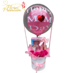 CAJA BOX DE 4 ROSAS JABON, 1 PACK DE PERFUME /CREMA, GLOBO BURBUJA
