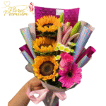RAMO 3 GIRASOLES, 1 GERBERA, 1 ROSA Y 1 LILIUM