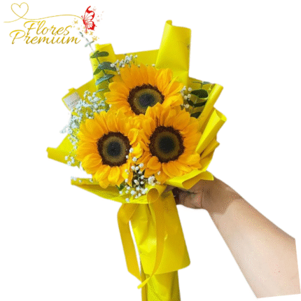 RAMO 3 GIRASOLES, FOLLAJE Y LINDA ENVOLTURA