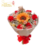 RAMO 6 ROSAS, 1 GIRASOL, FOLLAJE Y PELUCHITO LLAVERO