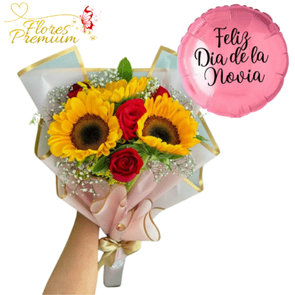 RAMO DIA DE LA NOVIA 3 GIRASOLES, 4 GIRASOLES, LINDA ENVOLTURA Y GLOBO