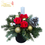 FLORES DE NOCHEBUENA CON 3 ROSAS JABON, ADORNOS Y VELA