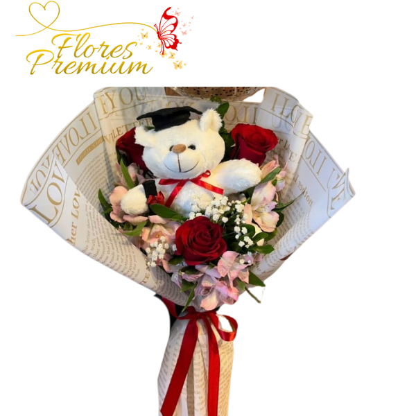 11 RAMO DE 3 ROSAS Y PELUCHE GRADUACION 15 CM - Imagen 1