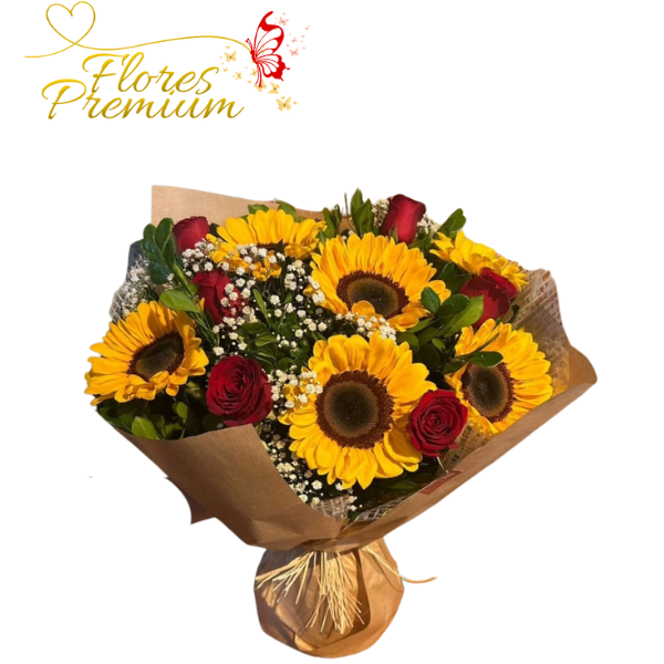 15 RAMO 6 ROSAS, 7 GIRASOLES, FOLLAJE Y LINDA ENVOLTURA - Imagen 1