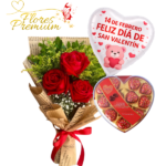 RAMO 3 ROSAS, FOLLAJE, BOMBONES HEART DE 12 UNID Y GLOBO