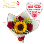 RAMO 3 ROSAS, 1 GIRASOL, FOLLAJE Y GLOBO