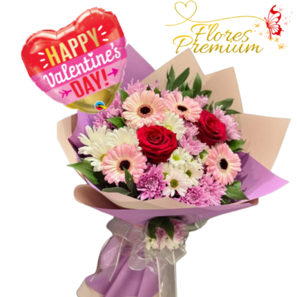 RAMO MIX DE 2 ROSAS, 4 GERBERAS, MARGARITAS Y GLOBO