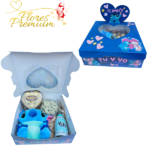 BOX ENAMORADOS STITCH: PELUCHE 20CM, ESPUMANTE PETIT, BOMBONES VALENTTE Y DONUTS