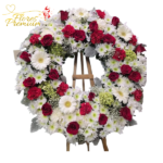 CORONA TRISTE DUELO 20 ROSAS 4 GERBERAS Y MARGARITAS 50 CM CON ATRIL