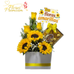 BOX DE 3 GIRASOLES, 3 ROSAS, BOMBONES VALENTTE X 12 Y TOPPER FLORES AMARILLAS