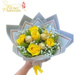 RAMO DE 6 ROSAS AMARILLAS JABON Y 3 BOMBONES FERREROS ROCHER