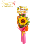 RAMO DE 1 GIRASOL, FOLLAJE, LINDA ENVOLTURA Y TOPPER FLORES AMARILLAS